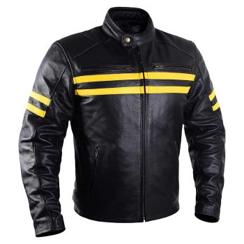 Men's Vintage Black Leather Motorcycle Jacket with Yellow Stripes